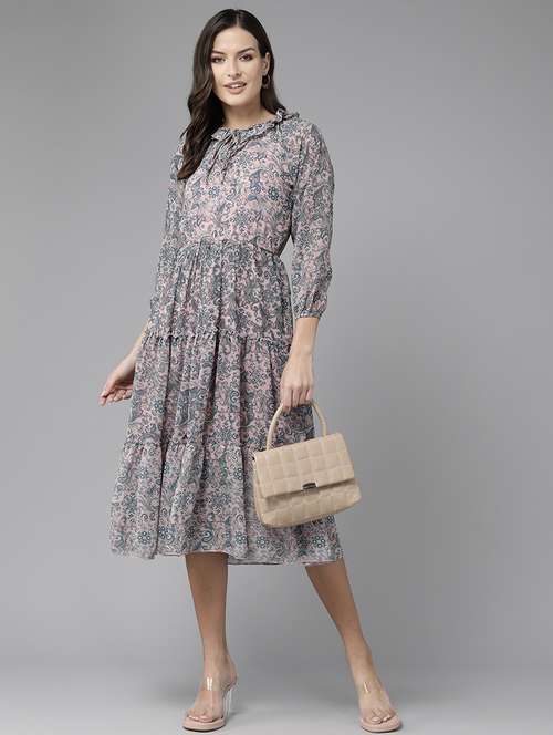 women printed georgette tiered dress - 21357374 - Very Small Image - 1