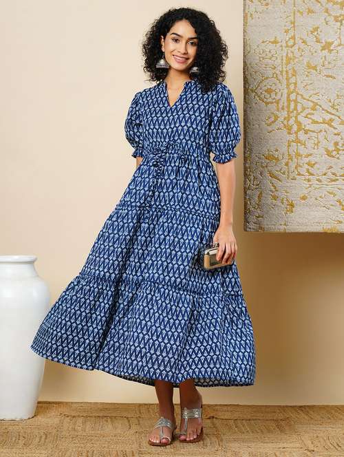 globus women indigo ethnic motif printed puff sleeve mandarin collar tired waist tie-up maxi dress - 21366508 - Very Small Image - 1