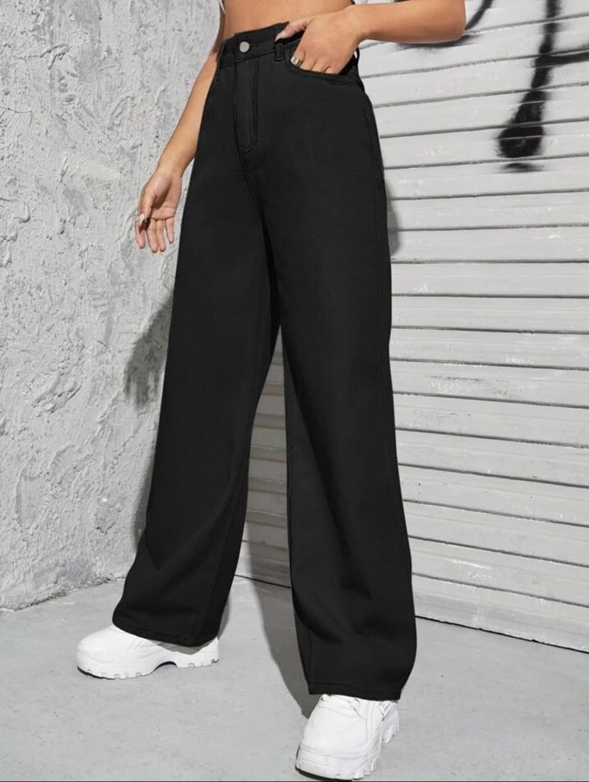 women high-rise black solid straight fit jean - 21370345 - Standard Image - 2