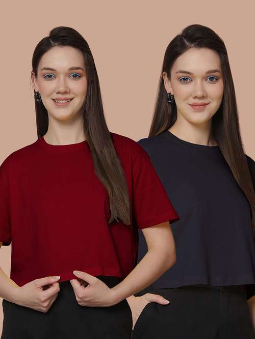 women pack of 2 solid crop t-shirt - 21370816 - Very Small Image - 1