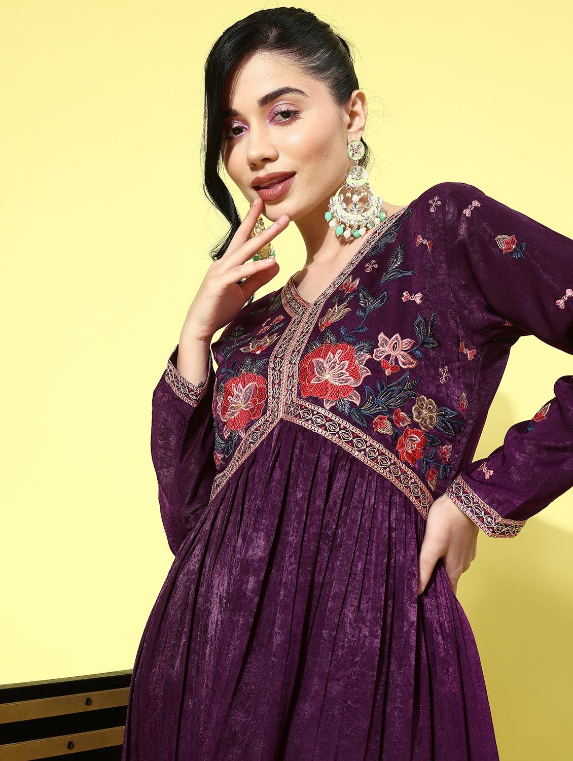 women purple v neck kurta pant set - 21371044 - Standard Image - 2