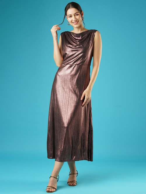 globus women rust shiny cowl neck side slit knitted a-line midi party dress - 21378991 - Very Small Image - 1