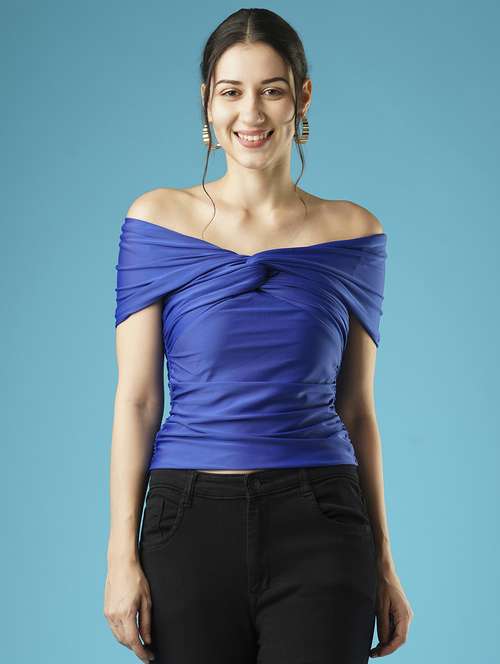 globus women solid blue off-shoulder twisted neck drop shoulder party top - 21379005 - Very Small Image - 1