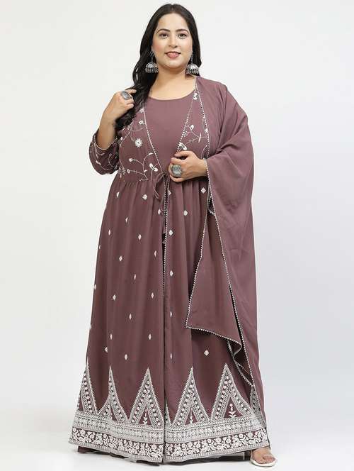 brown self-designed plus size dress with dupatta - 21382495 - Very Small Image - 1