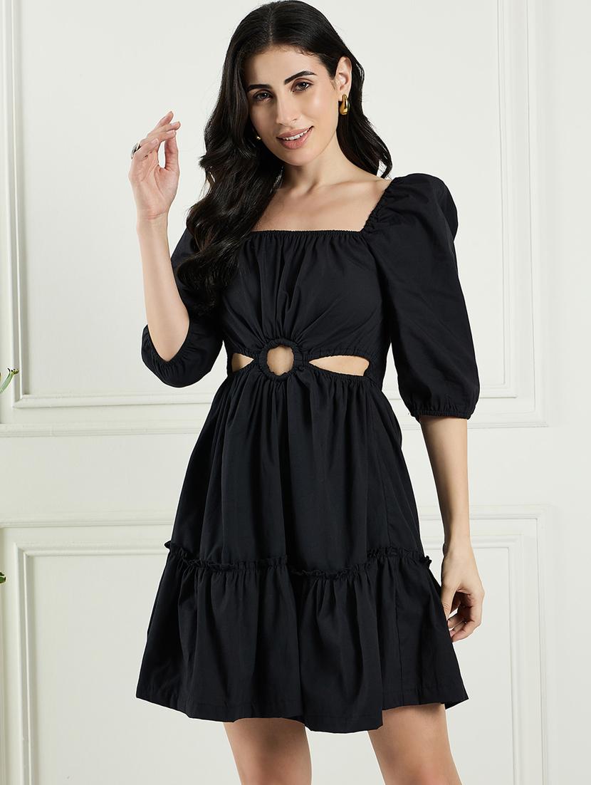 women solid puff sleeves tiered dress - 21382582 -  Standard Image - 1