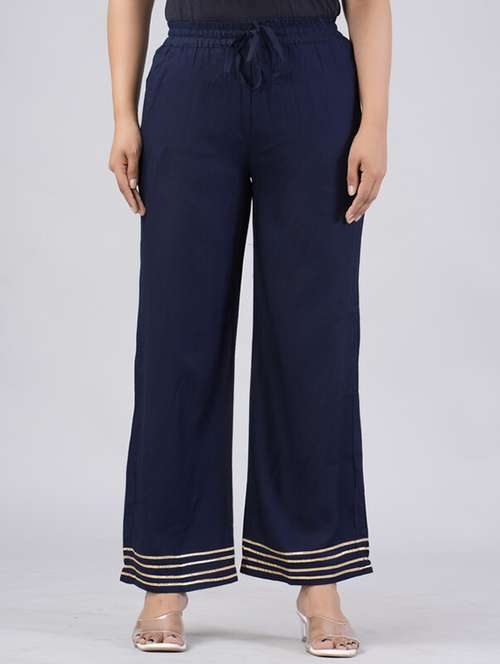 women solid gota detailed mid rise palazzo - 21393306 - Very Small Image - 1