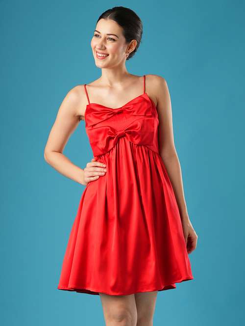 globus women red sweetheart neck shoulder straps bow detail gathered a-line party dress - 21393590 - Very Small Image - 1