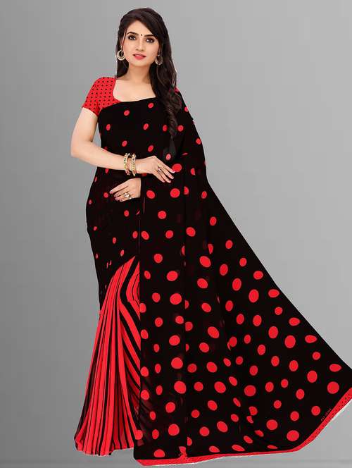 women black polka dots printed saree with blouse - 21410798 - Very Small Image - 1