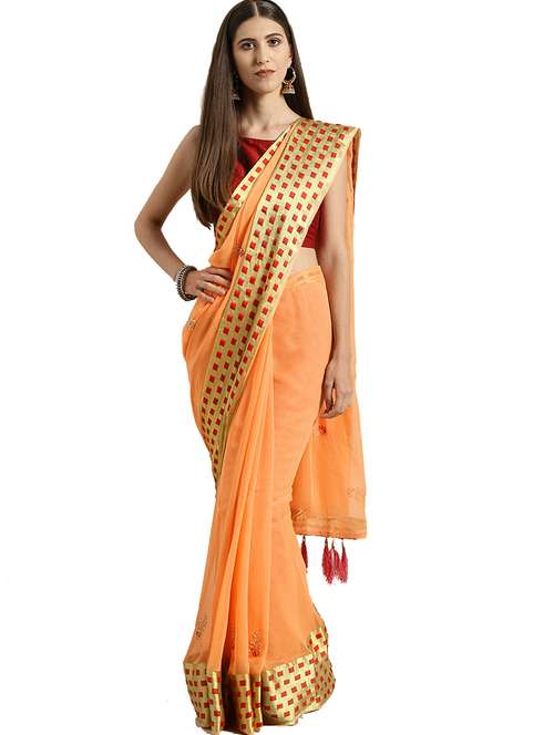 women peach embellished saree with blouse - 21431291 - Very Small Image - 1