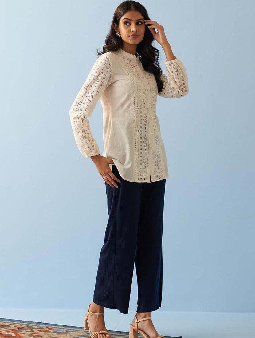 women self design lace mandarin neck tunic - 21452062 - Standard Image - 3