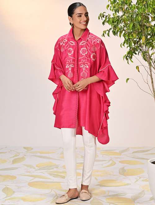 women fuchsia linen kaftan kurta - 21452142 - Very Small Image - 1
