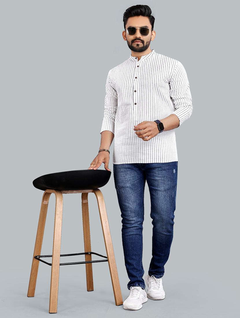 men striped long sleeve short kurta - 21454340 - Zoom Image - 3