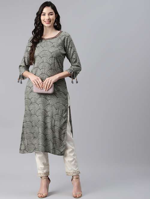 women grey three quarter sleeve straight kurta - 21461640 - Very Small Image - 1