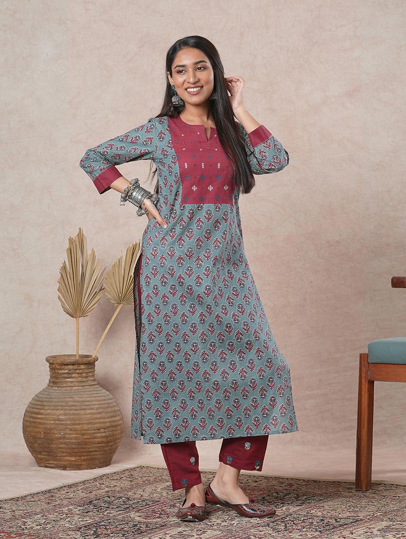 blue cotton straight kurta - 21466706 - Standard Image - 3