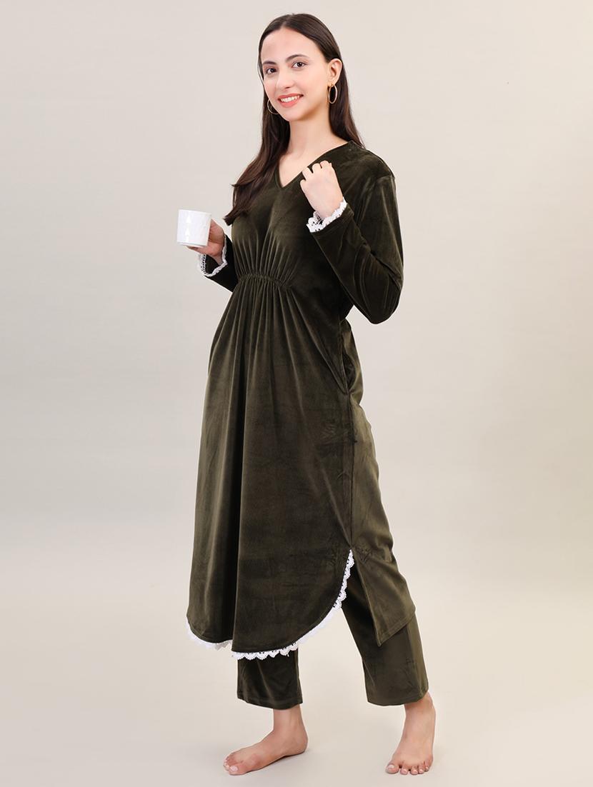 olive lace work velvet kurta palazzo set - 21473472 - Standard Image - 2