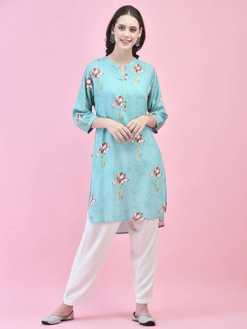 women light blue floral printed high-low kurta - 21473602 - Very Small Image - 1