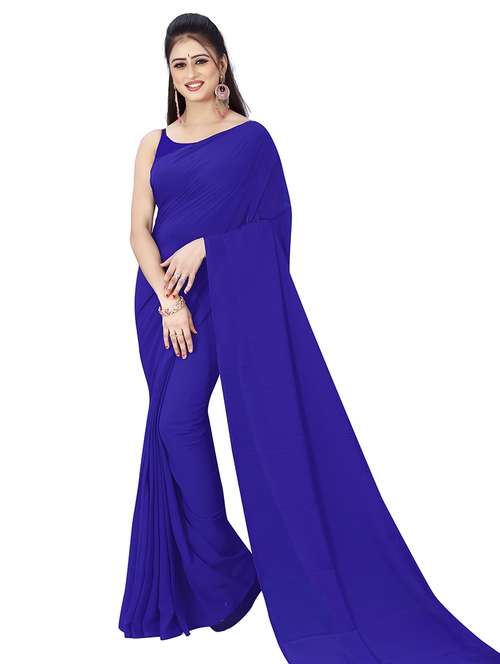 women blue solid georgette saree with blouse - 21473866 - Very Small Image - 1