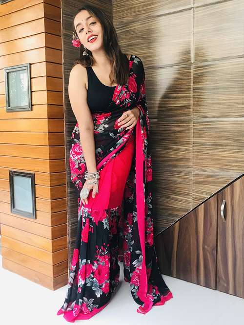 women pink printed saree with blouse - 21480803 - Very Small Image - 1