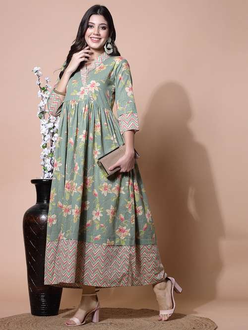 light green floral printed gown dress - 21481432 - Very Small Image - 1