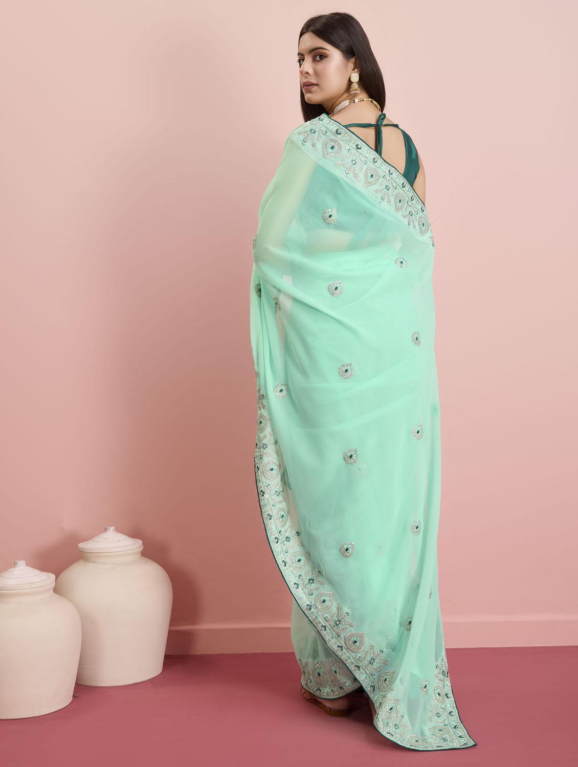 women turquoise embroidered saree with blouse - 21481634 - Standard Image - 2
