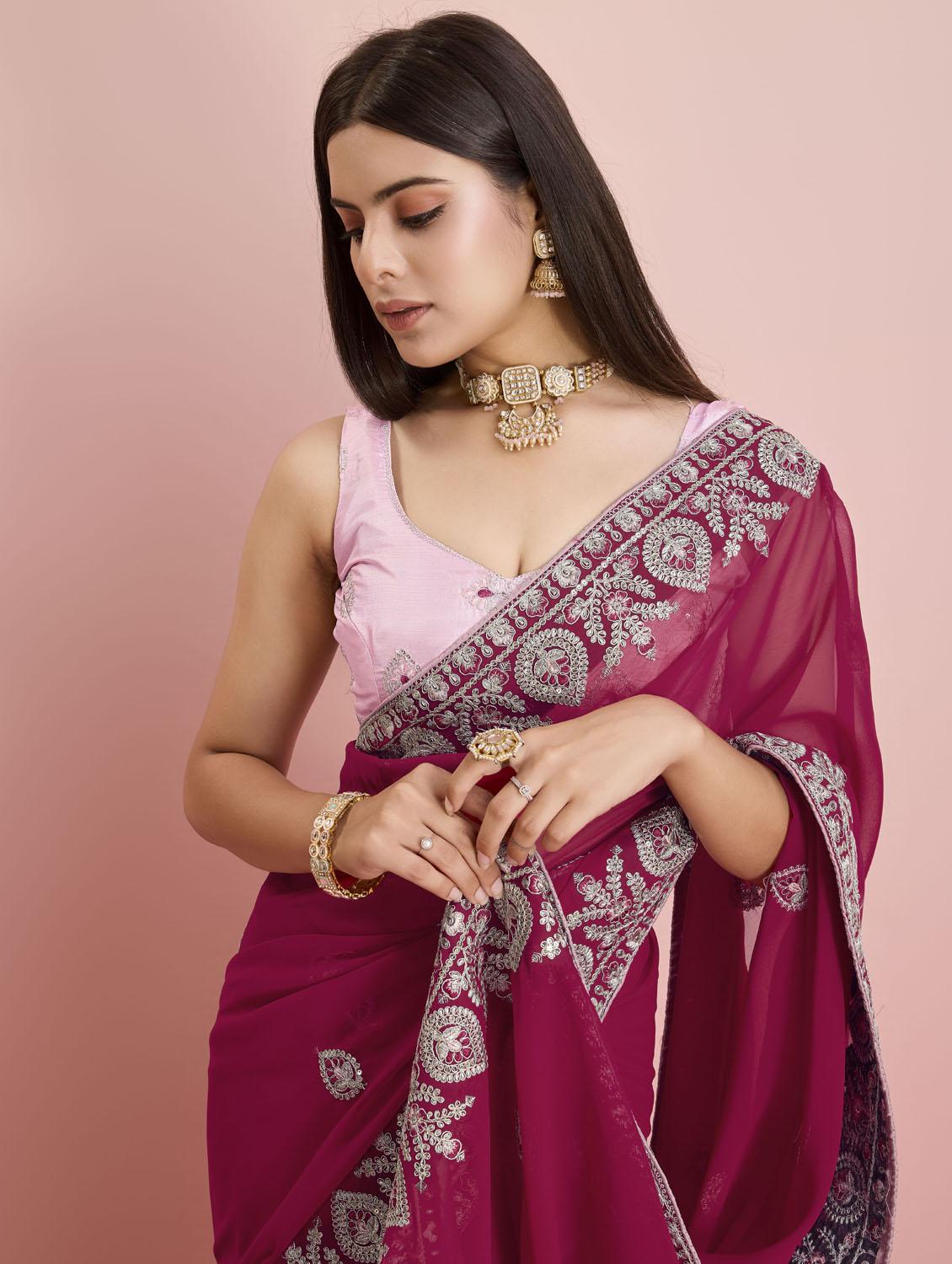 burgundy georgette embroidered saree with blouse - 21481635 - Standard Image - 4