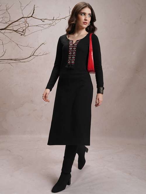 black embroidered a-line kurta - 21486702 - Very Small Image - 1