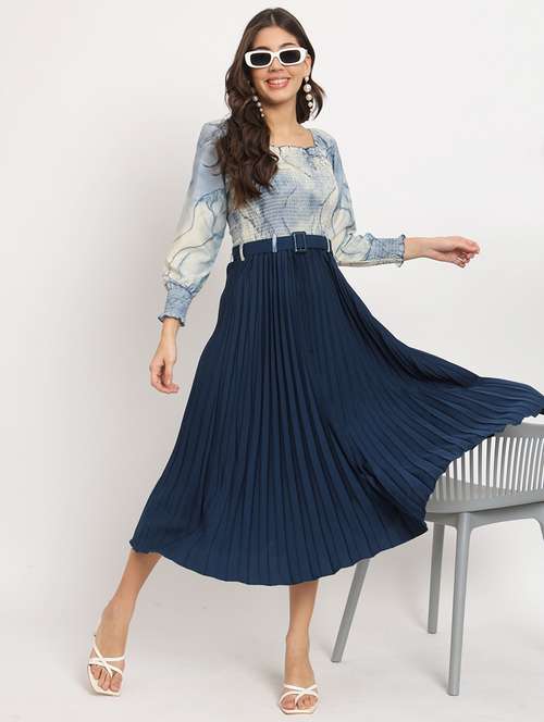 women blue polyester fit & flare dress - 21495074 - Very Small Image - 1