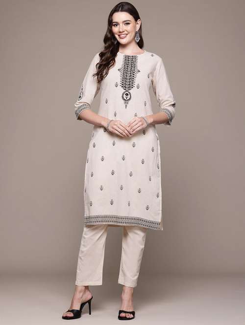 women off white embroidered kurta pant set - 21510403 - Very Small Image - 1
