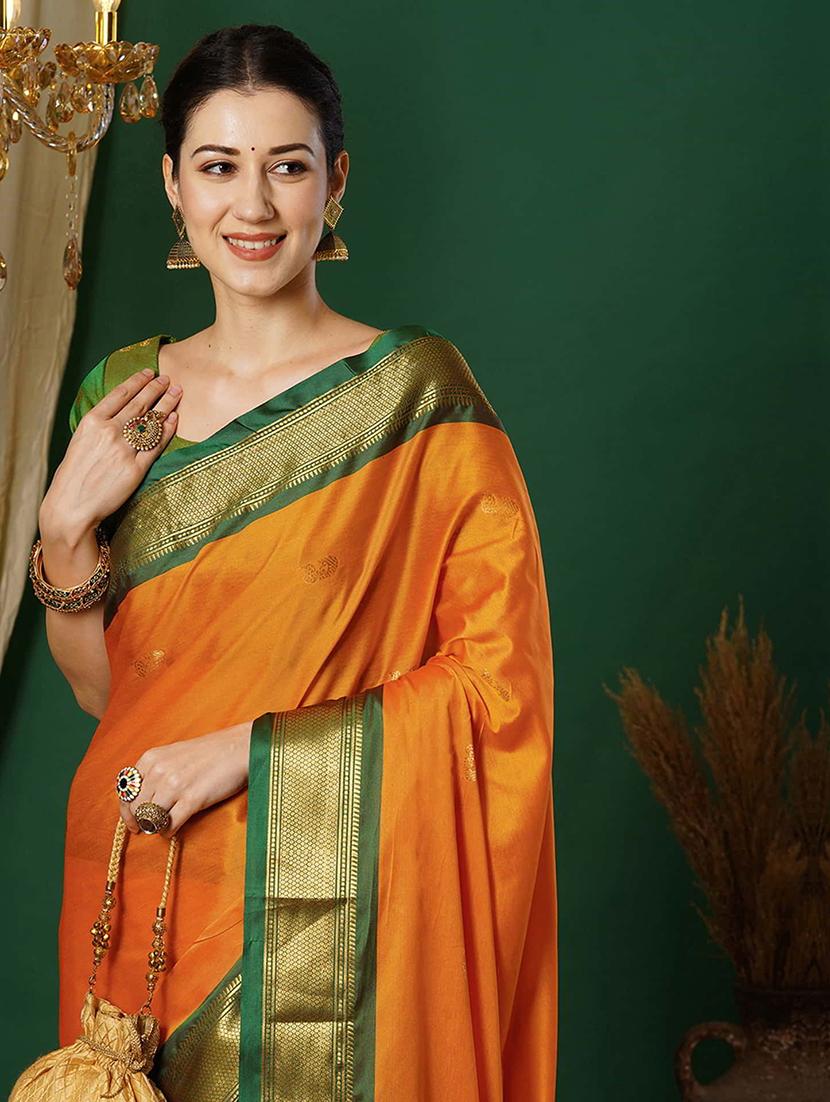 women orange self design zari bordered saree - 21520651 - Standard Image - 3