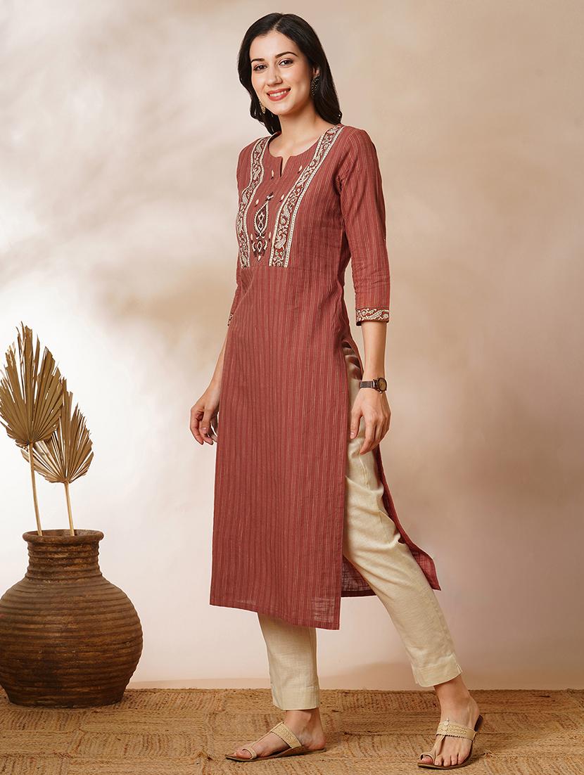 women brown notch neck straight kurta - 21521908 - Standard Image - 2