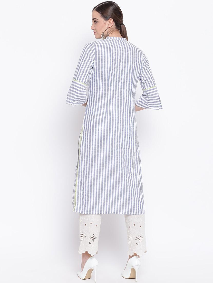 women grey stripes mandarin neck straight kurta - 21526003 - Zoom Image - 3