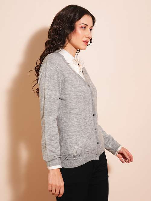 globus women grey v-neck full sleeves self design ribbed hem cardigan sweater - 21531874 - Very Small Image - 1