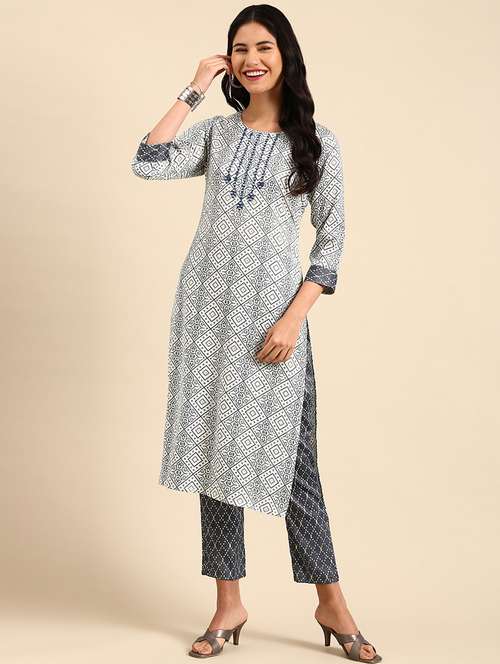 women printed round neck kurta pant set - 21550389 - Very Small Image - 1
