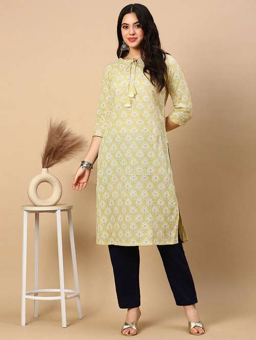 women printed tie up neck straight kurta - 21553945 - Very Small Image - 1