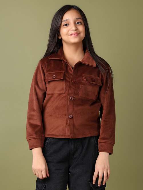 girls brown solid long sleeve jacket - 21554883 - Very Small Image - 1