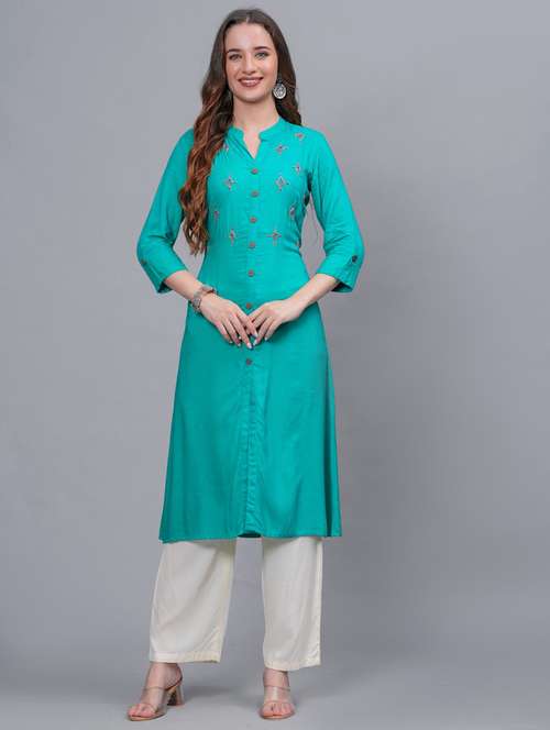 women turquoise mandarin neck kurta palazzo set  - 21561635 - Very Small Image - 1