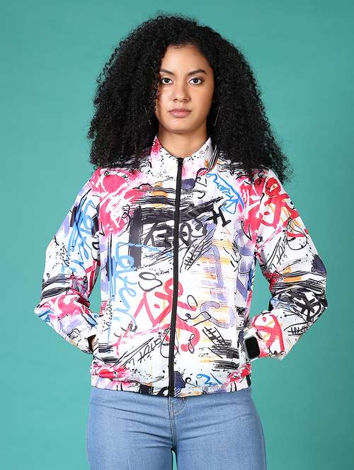 women printed stand collared long sleeves jacket - 21561696 - Very Small Image - 1