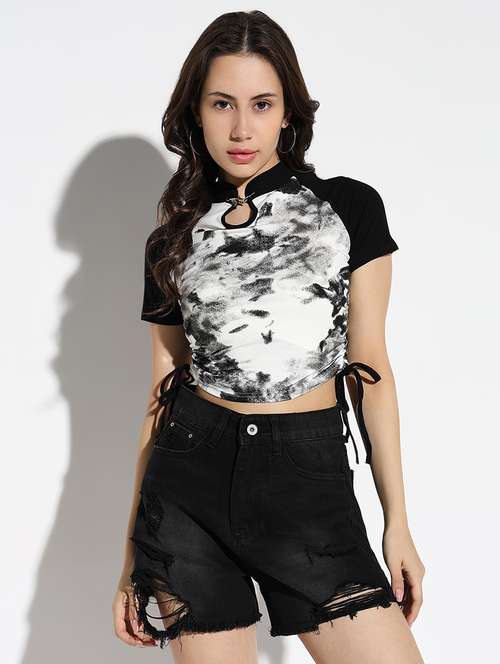 women printed mandarin neck crop top - 21562746 - Very Small Image - 1