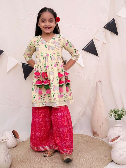 girls floral printed overlap neck kurta sharara set - 21563906 - Very Small Image - 1