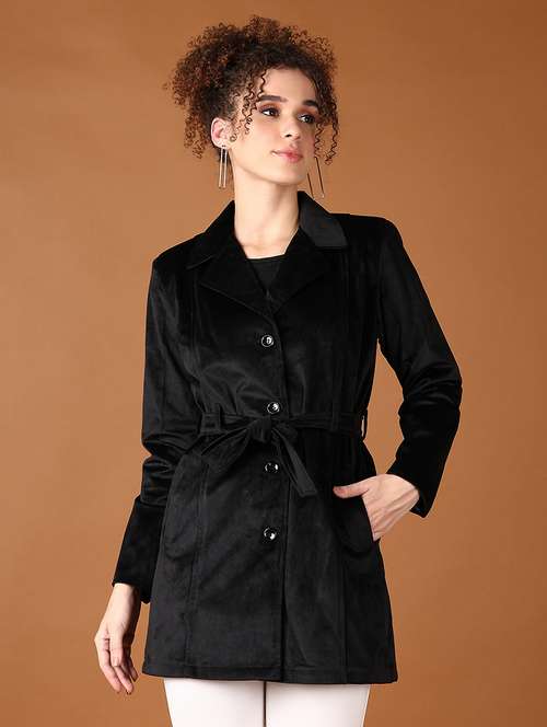 women black solid full sleeve coat - 21564842 - Very Small Image - 1