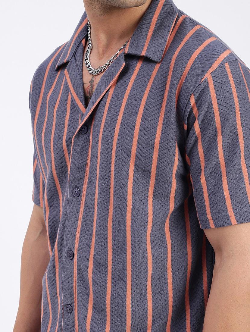 men loose fit striped cuban collar casual shirt - 21597546 - Standard Image - 5