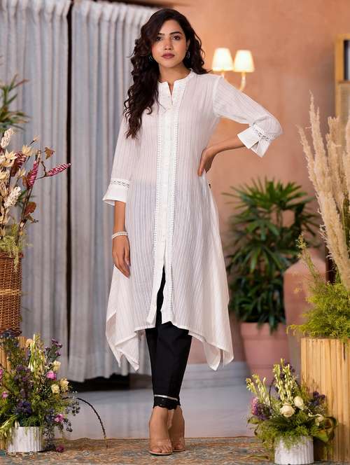 women striped three quarter sleeves asymmetric kurta - 21606788 - Very Small Image - 1
