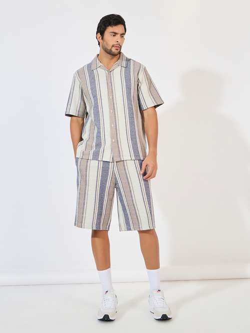 men cuban collar striped shirt & shorts co-ord set - 21618057 - Very Small Image - 1