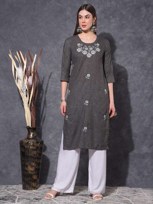 women embroidered three quarter sleeve straight kurta - 21627294 - Very Small Image - 1