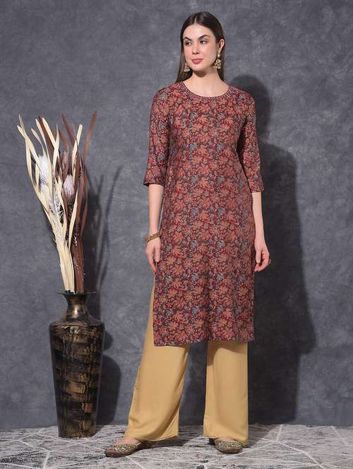 women floral three quarter sleeve straight kurta - 21627349 - Very Small Image - 1