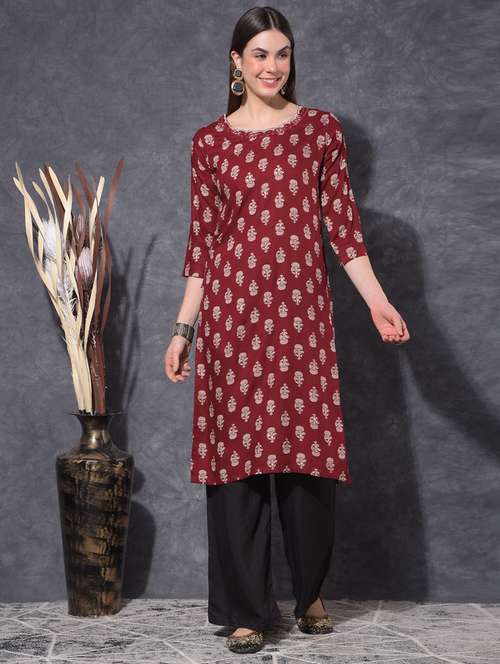women floral three quarter sleeve straight kurta - 21627398 - Very Small Image - 1