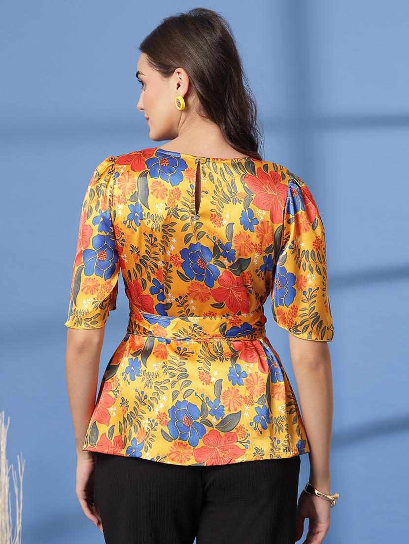women printed puff sleeve belted top - 21628361 - Zoom Image - 3