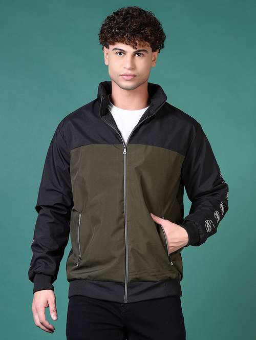 men olive color block long sleeve casual jacket - 21628489 - Very Small Image - 1