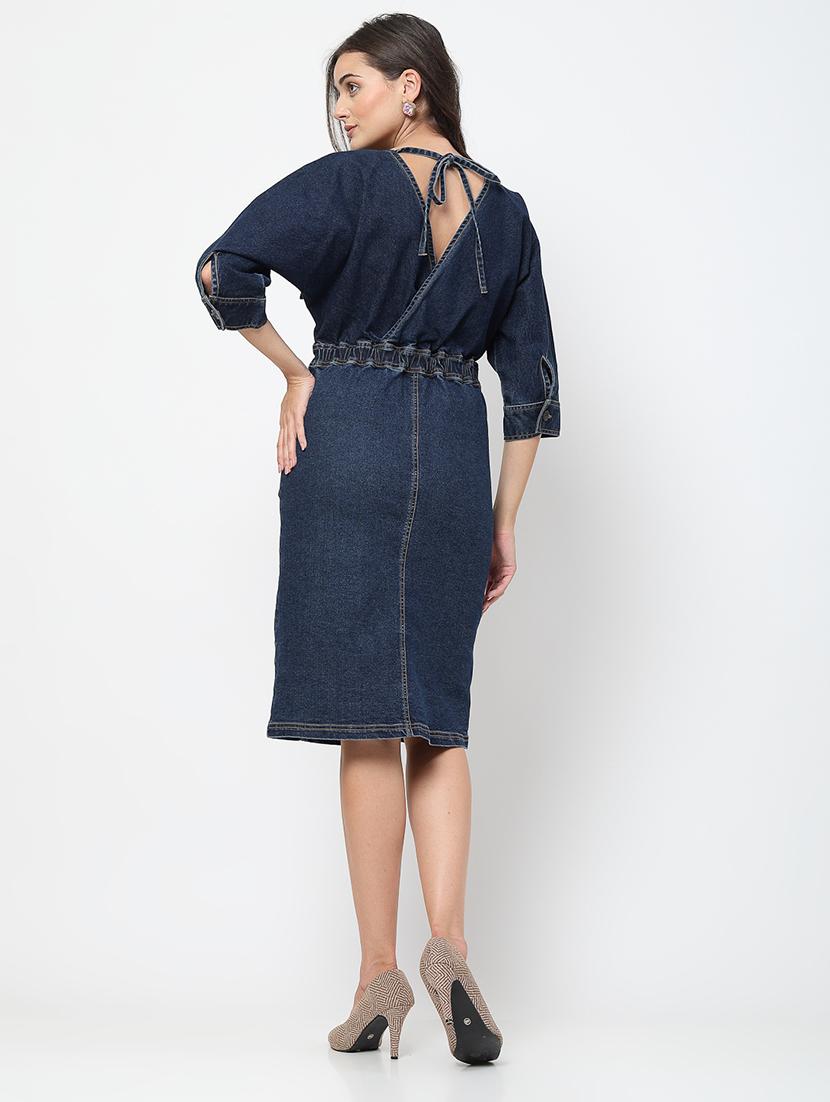 women navy blue denim a-line dress - 21630124 - Standard Image - 3