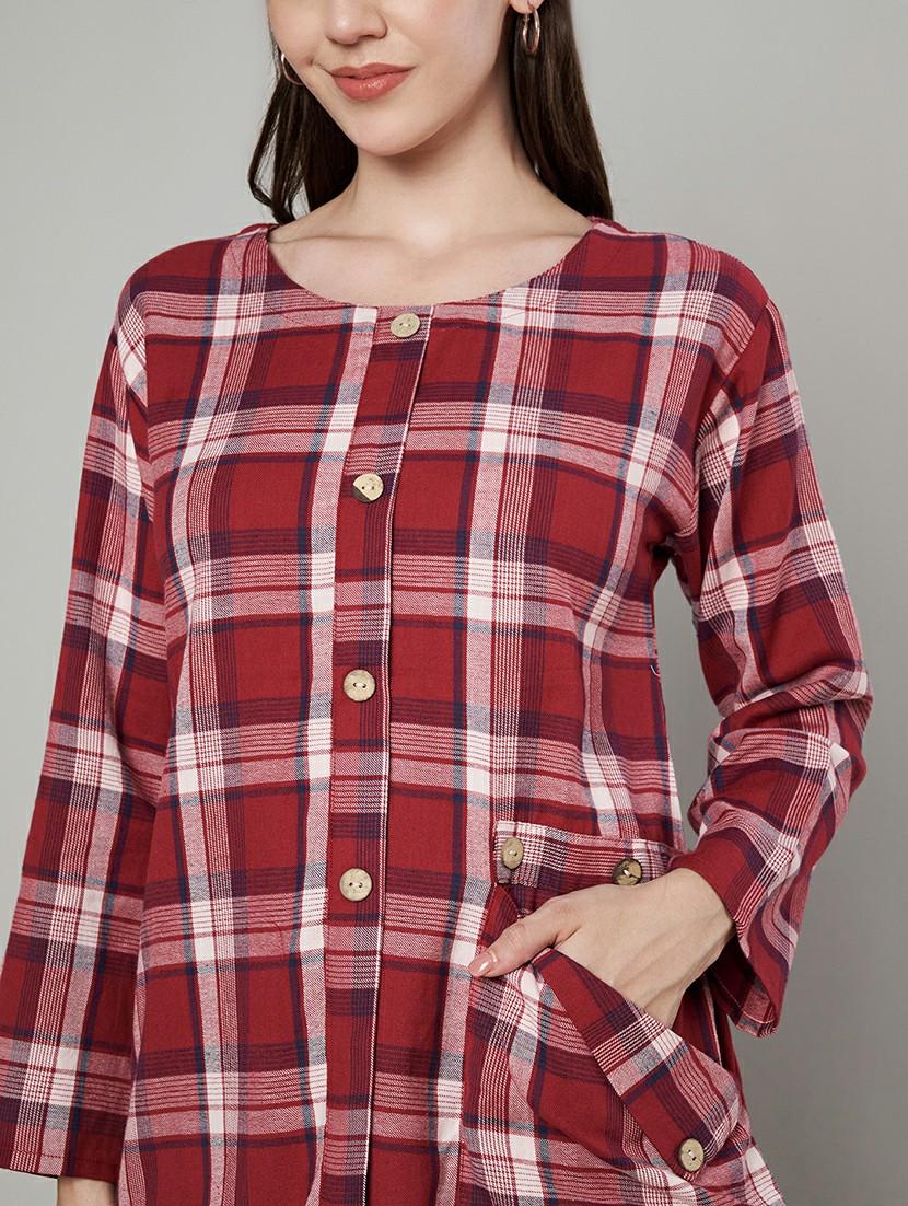 women maroon checks long sleeve shirt top - 21632802 - Zoom Image - 5